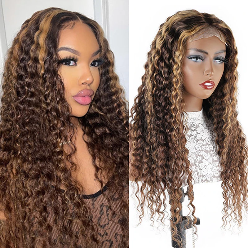 

Deep Wave Human Hair Wig P4/27 Honey Blonde Ombre Highlighted 4X4 Closure Wig Remy Brazilian Pre Plucked With Baby Hair