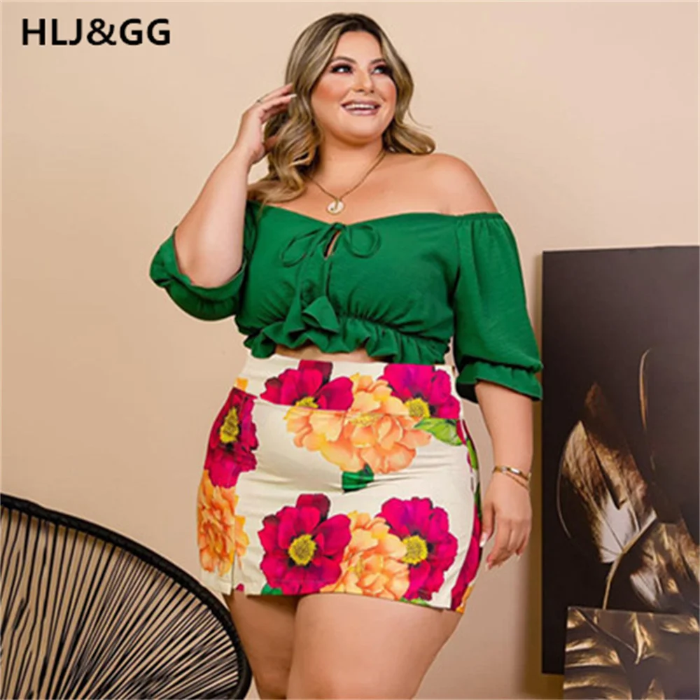 HLJ&GG Casual Skinny Plus Size 2 Piece Sets Women Off-should Ruffed Drawstring Tshirt+Short Dress Pants Fashion 2pcs Streetwear