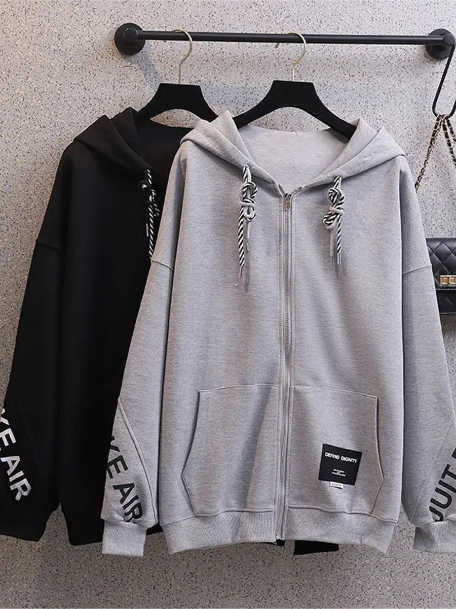 

Черная Толстовка в стиле хип-хоп, женские свитшоты на молнии в стиле Харадзюку, японская Повседневная серая осенняя куртка Ulzzang, Толстовка О...