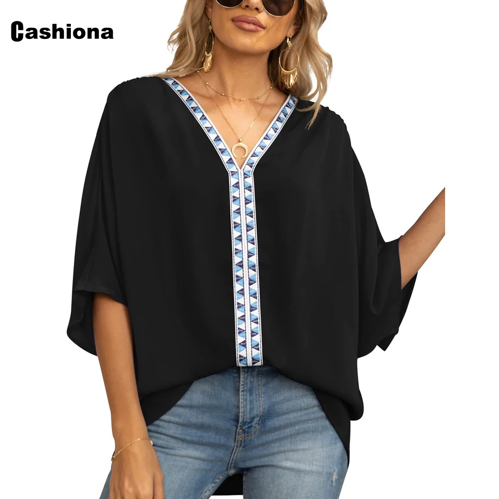 Women's Summer Patchwork Shirt Loose Vintage Blouse Women Half Sleeve Tops Blusas Femme Casual V-neck Shirts Clothing 2022