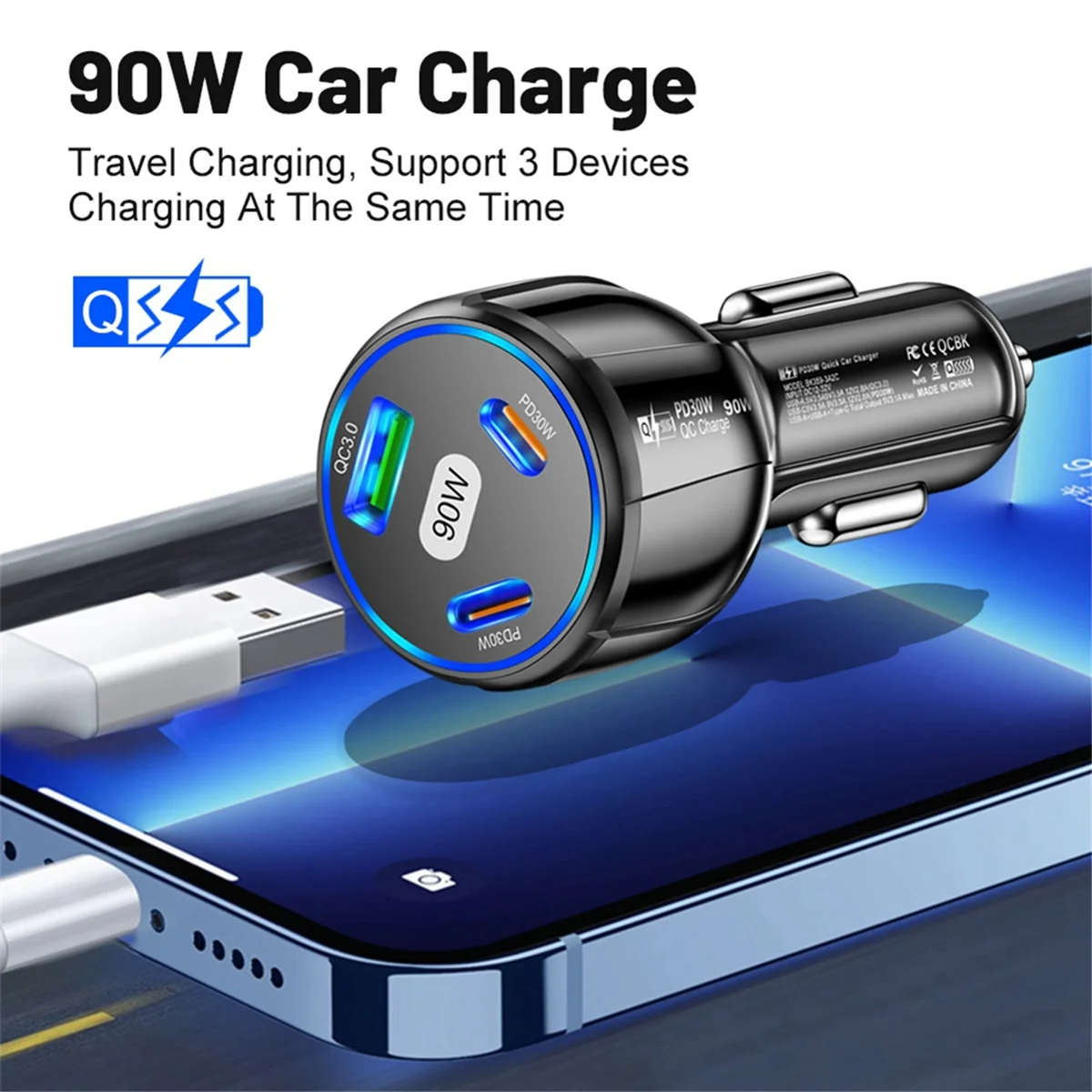 90W Car Charger USB Type C Fast Charging Power Adapter Quick Charge 3.0 for IPhone 14 13 12 Xiaomi Samsung