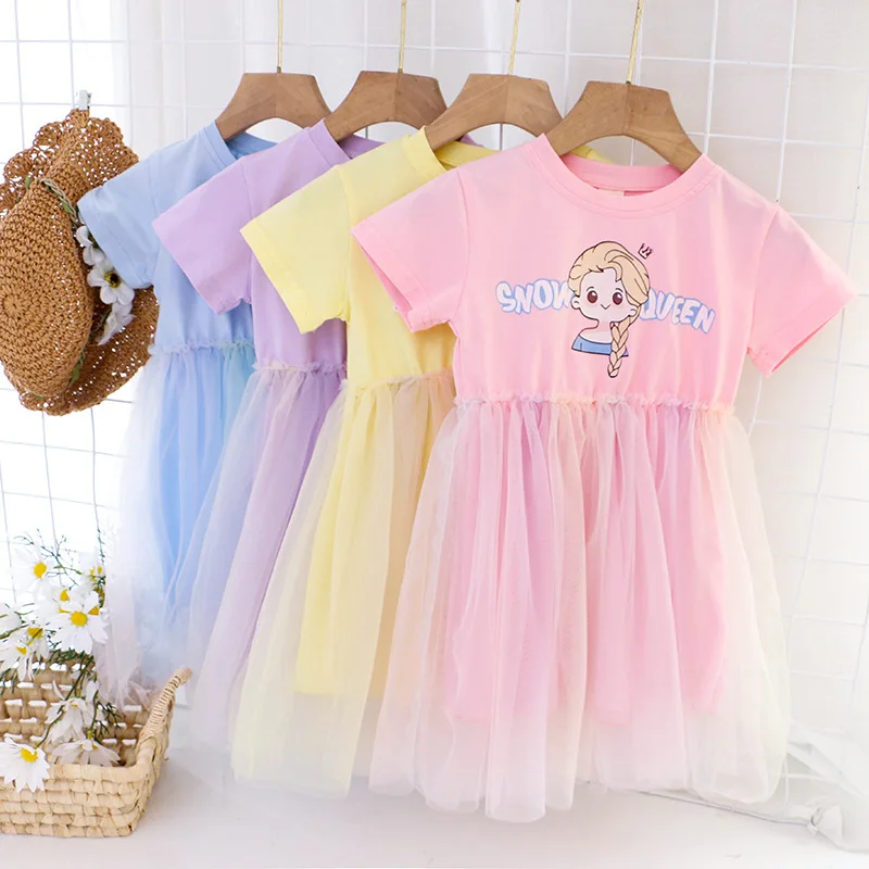 

Diseny Summer Dress For Girls Snowwhite Frozen Cute Princess Cartton Printed Short Sleeves Cotton Mesh Children Dresses