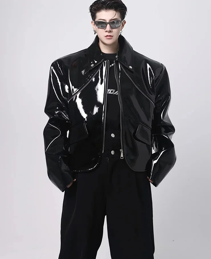 

Весна-Осень 2023, крутая свободная короткая черная блестящая Светоотражающая лакированная куртка из искусственной кожи, Мужская Дизайнерская одежда на молнии, кожаная замша