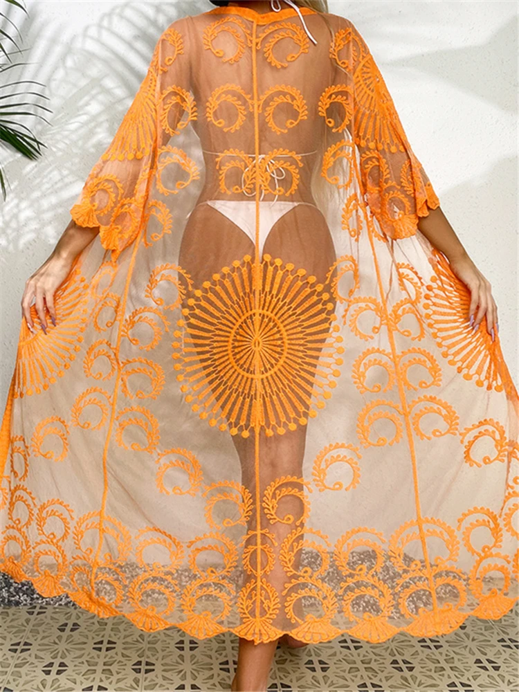 Sexy Spitze Kimono Boho Strand Lange Maxi Kleid Transport Orange Sheer Stickerei Sommer Kleider Strickjacke 2022 Cape Outfits Kleid