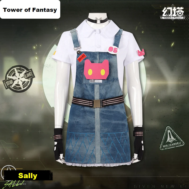 

New Game Tower of Fantasy Sally Cosplay Costumes Halloween Girl Cute Strap Skirt Anime Lolita Dress Shirt Gloves Kitten Badge