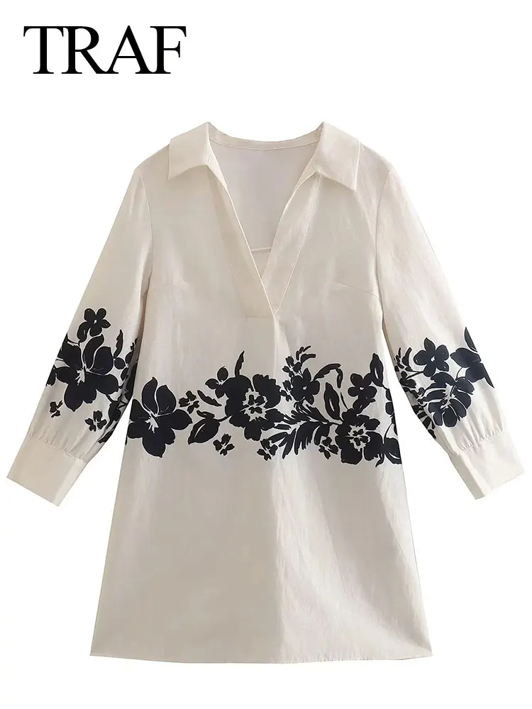 

TRAF Simple Lapel Pullover Cotton Linen Nine Points Long Sleeve Lady Top Loose Black White Plant Floral Print Women's Top