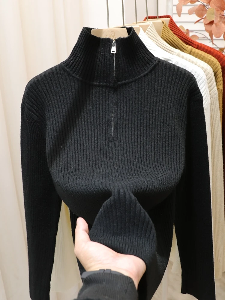 Черная водолазка на молнии женская весенняя одежда внутренняя нижняя рубашка