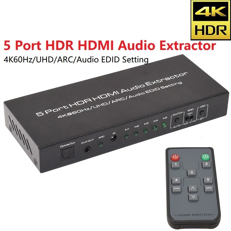 

HDMI Switch 5 In 1 UHD HDR 4K 60Hz Audio Extractor 5 Port Selector Hub HDCP 2.2 AUX 3.5mm SPDIF 5.1 ARC for PS4 X-BOX HDTV DVD