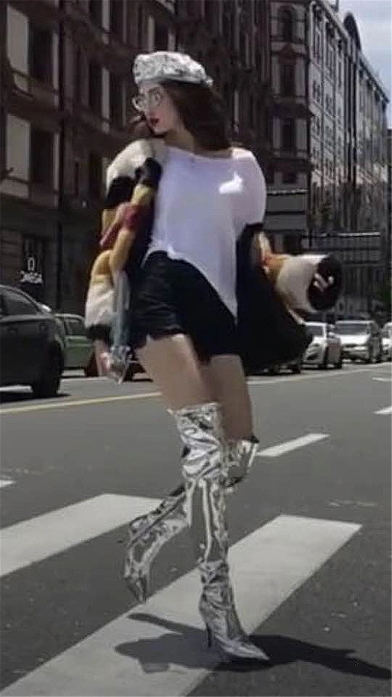 

Женские сапоги выше колена, зеркальные, на платформе, заостренный носок, высокий тонкий каблук, серебристая Повседневная Праздничная обувь на молнии, Осень-зима