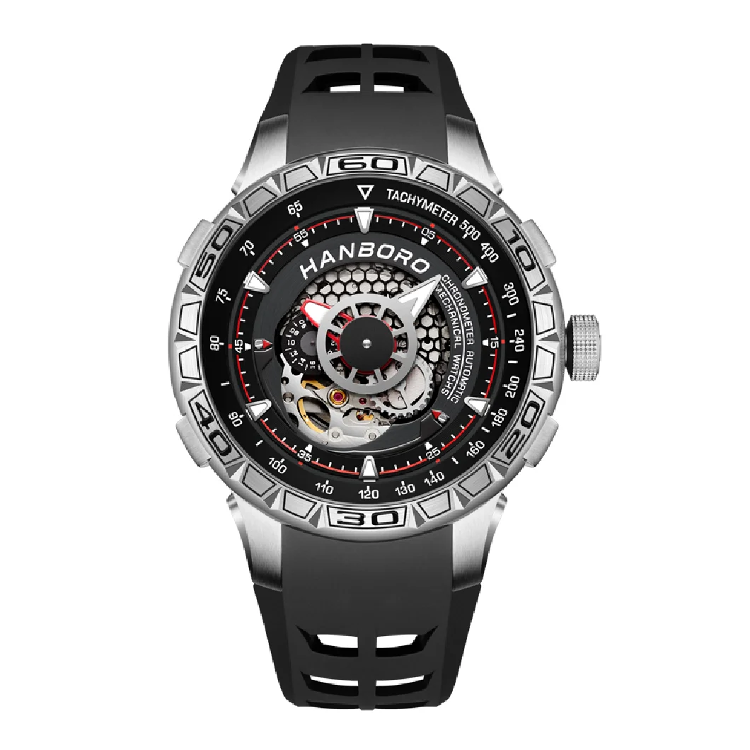 

HANBORO Men Automatic Watch Luxury Watches Mechanical Wristwatch Military 50M Waterproof Luminous Skeleton 82S7 Rubber Strap