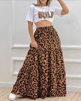 chaxiaoa 2 piece casual daily summer 2022 women cheetah letter print o neck top maxi skirt set