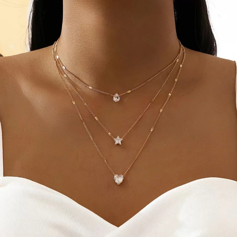 

New 925 Sterling Silver Triple Layered Star Necklace Delicate Geometric Shape Pendant Choker Party Gift for Women Fine Jewelry
