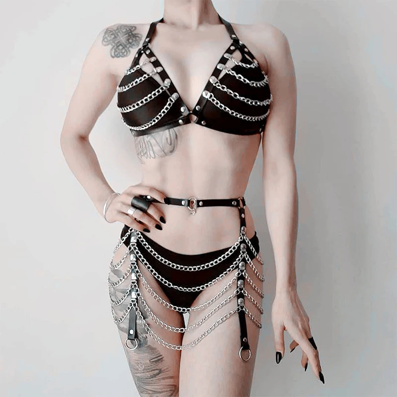 

Fullyoung Women Body Sexy Lingerie Chest Harness Leather Leg Harness Garter Belt Body Chain Bondage Underwear Gothic Clothings