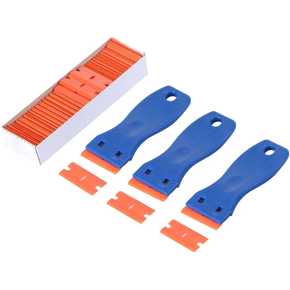 3PCS Plastic Razor Blade Scrapers & 100 PCS 1.5 Inch Double Edge Plastic Razor Blades for Auto Window Tint Vinyl Tool