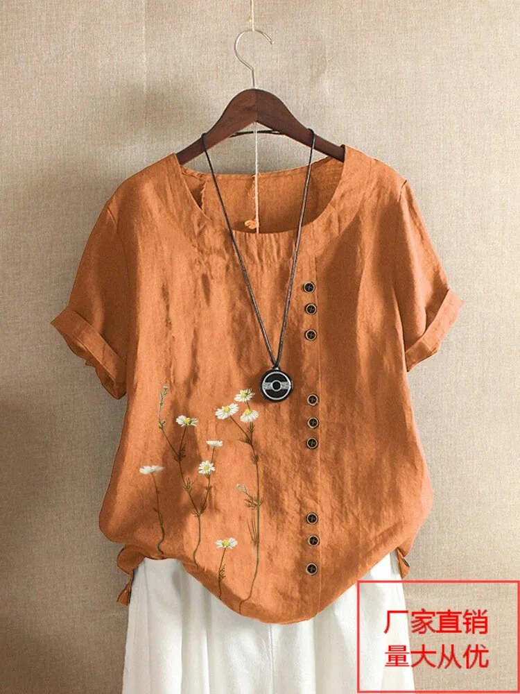 

Elegant Daisy Print Cotton Linen Shirt Casual Summer Women O-Neck Short Sleeve Yellow Pullover Top Fashion Street Flower Blous