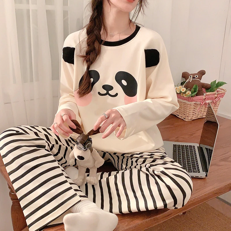 

Autumn Winter Women's Pajamas 2023 Cotton Long-sleeved Loungewear Black Stripe Pants Pajama Set Cute Panda Print Woman Sleepwear