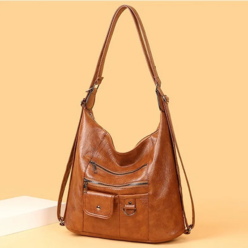 

New Fashion Ladies Handbags Women Zipper PU Leather Messenger Bags Multipurpose Backpack Solid Color High Capacity Shoulder Bag