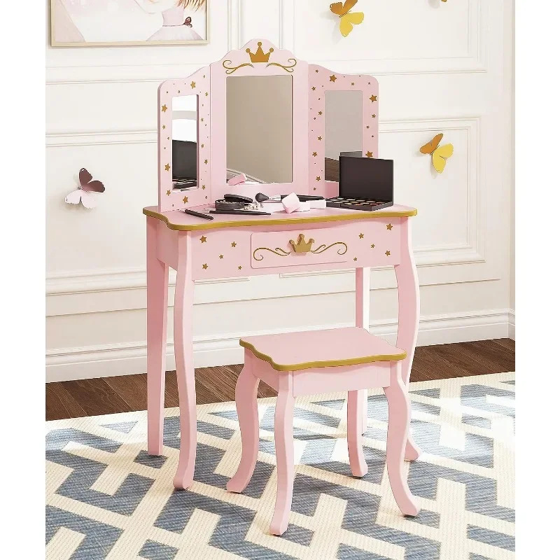 

UTEX Pretend Play Kids Vanity Set with Mirror and Stool, Children Make Up Vanity Desk with Mirrror for Little Girls