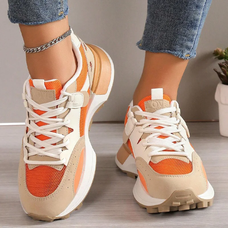Women Summer Color Block Letter Patch Decor Sneakers Soft Sole Shoes Women Chunky Heel Fashion Sneaker Breathable Sneakers
