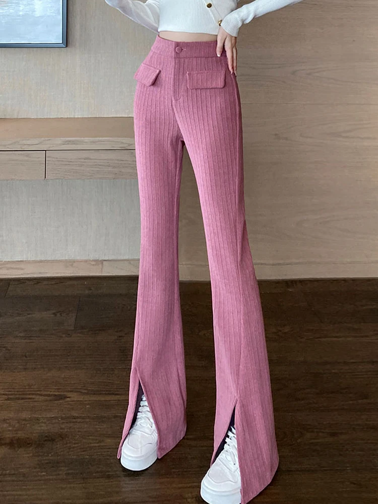 

Новинка Осень-зима 2022, плотные модные облегающие брюки-клеш в Корейском стиле с высокой талией и разрезом, Женская Повседневная Уличная оде...