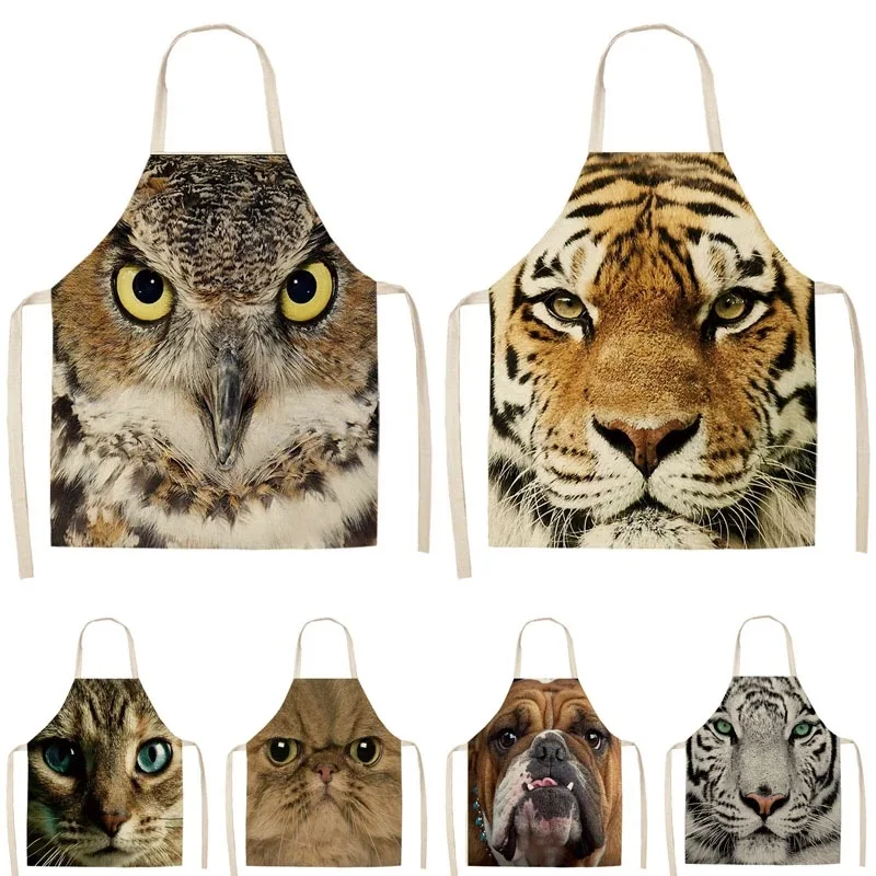 

1Pcs Cat Tiger Dog Owl Printed Kitchen Apron Sleeveless Cotton Linen Aprons For Cooking Home Cleaning Tools 55*68cm