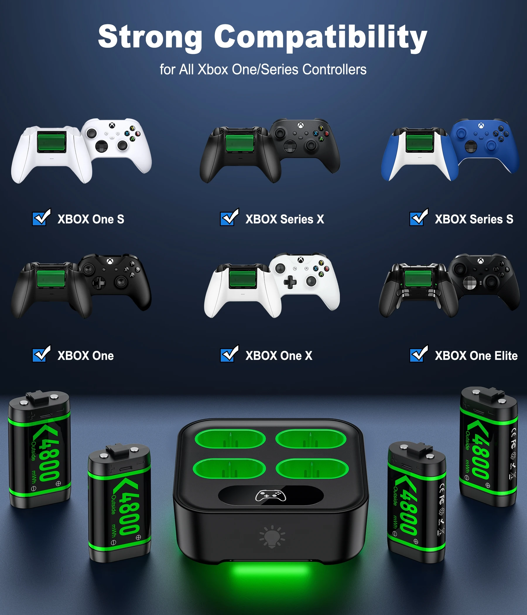 Фото Комплект аккумуляторных батарей DinoFire X501 2*4800 мВтч для XBOX Serise S/X и XBOX ONE S/X/Elite с кабелем Chaging №3