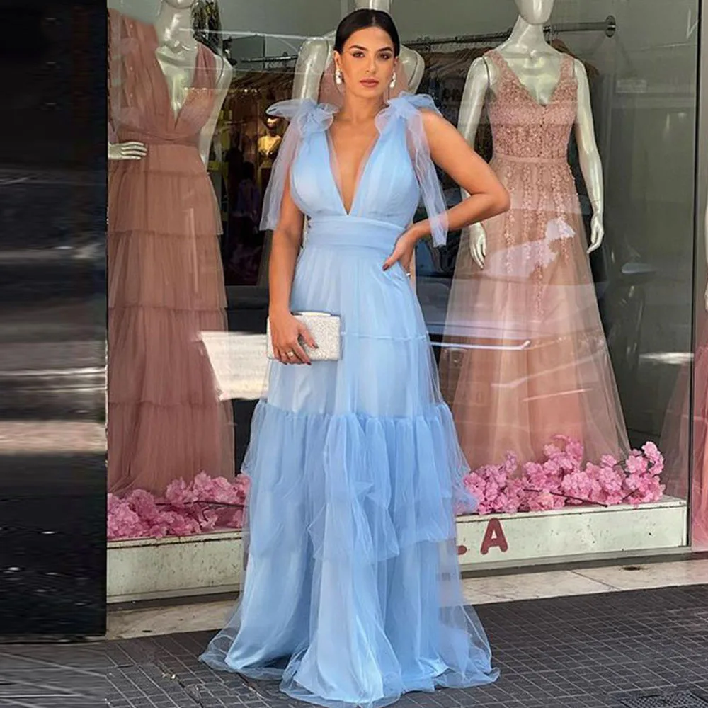 

Gorgeous Long Prom Dresses Sky Blue For Bride With Bow Hatler V-neck Party Sexy Tiered Tulle Evening Prom Gowns Robes De Soirée