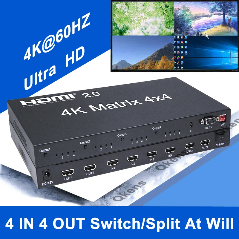 4K 60Hz True HDMI Matrix 4x4 HDMI 2.0 Matrix 2x4 4x2 Switch Splitter Video Converter with RS232 / EDID 4 Monitor or Dual Display