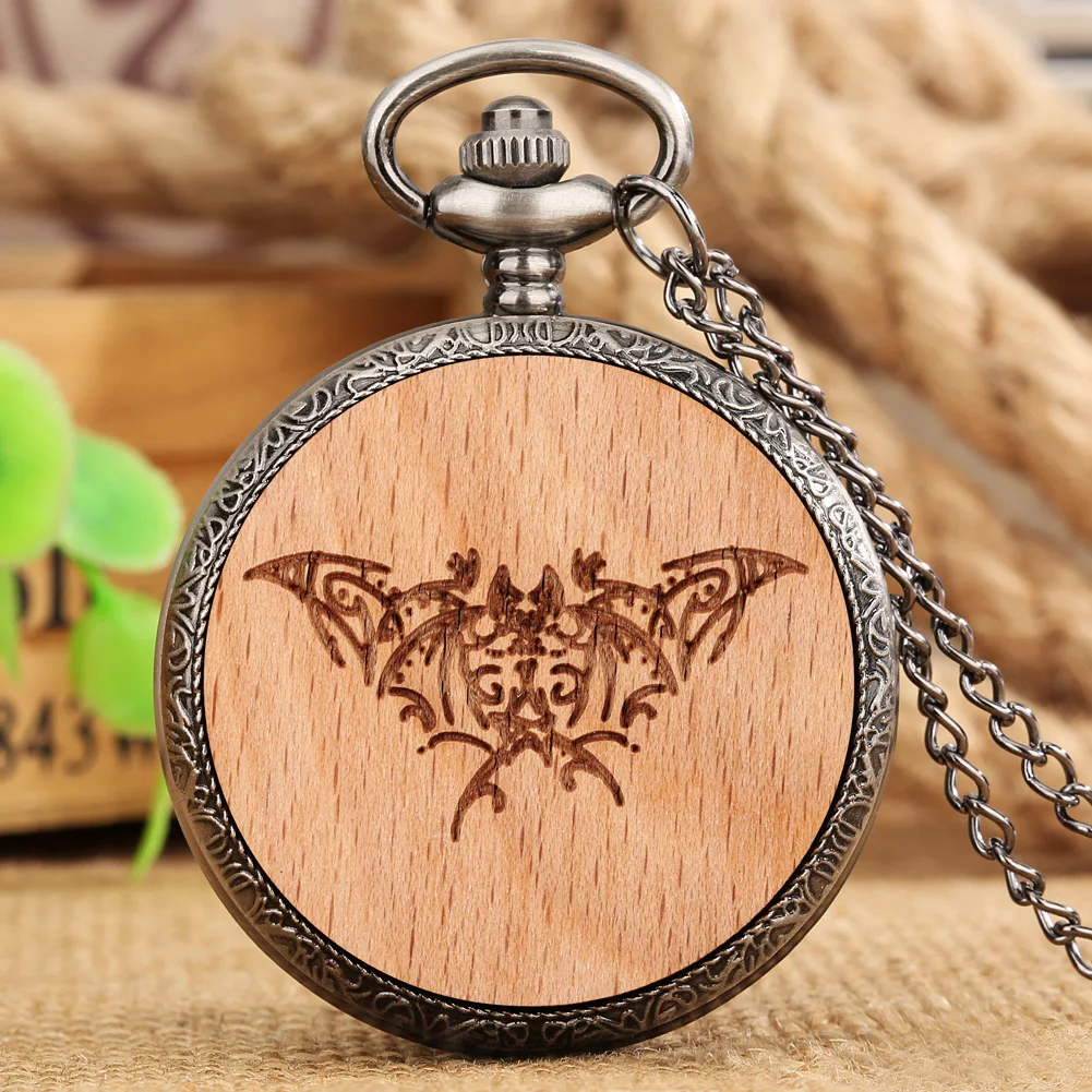 Pocket Watch Necklace Bat Engraved Wood Decorative Pendant Quartz Fob Watch for Men Women Creative Clock Gifts Relógio De Bolso