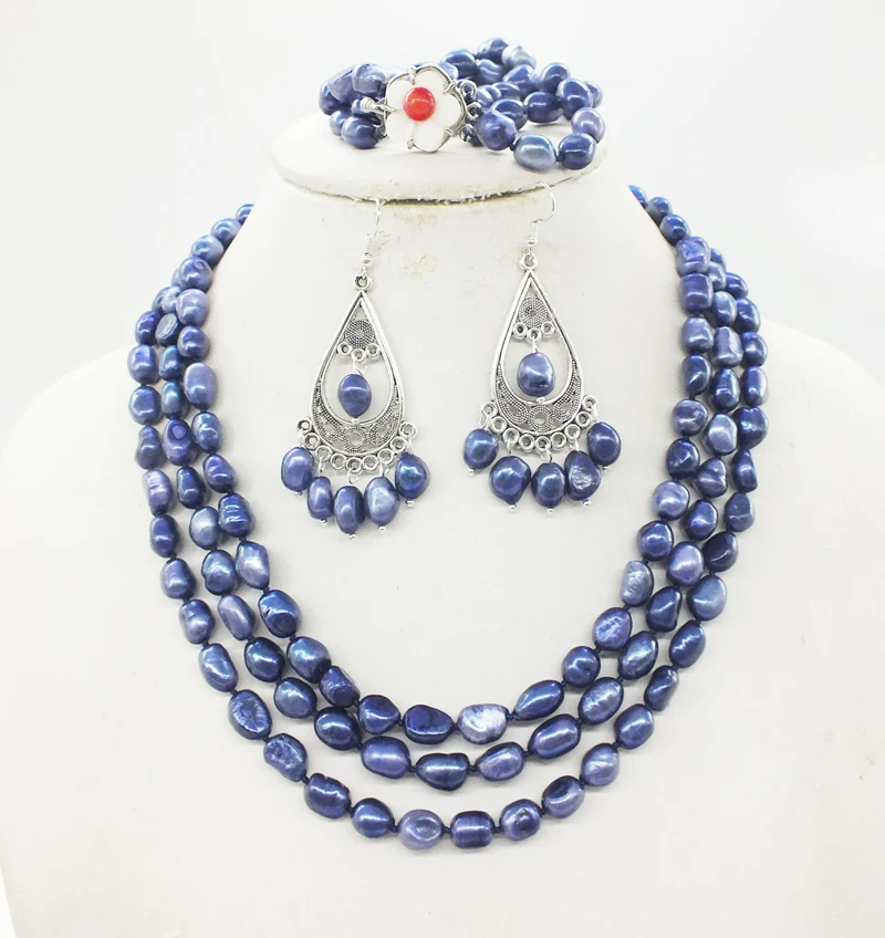 

NO-2018-7-25# 3 layers irregular freshwater Baroque Pearl necklace Bracelet party Jewelry Set