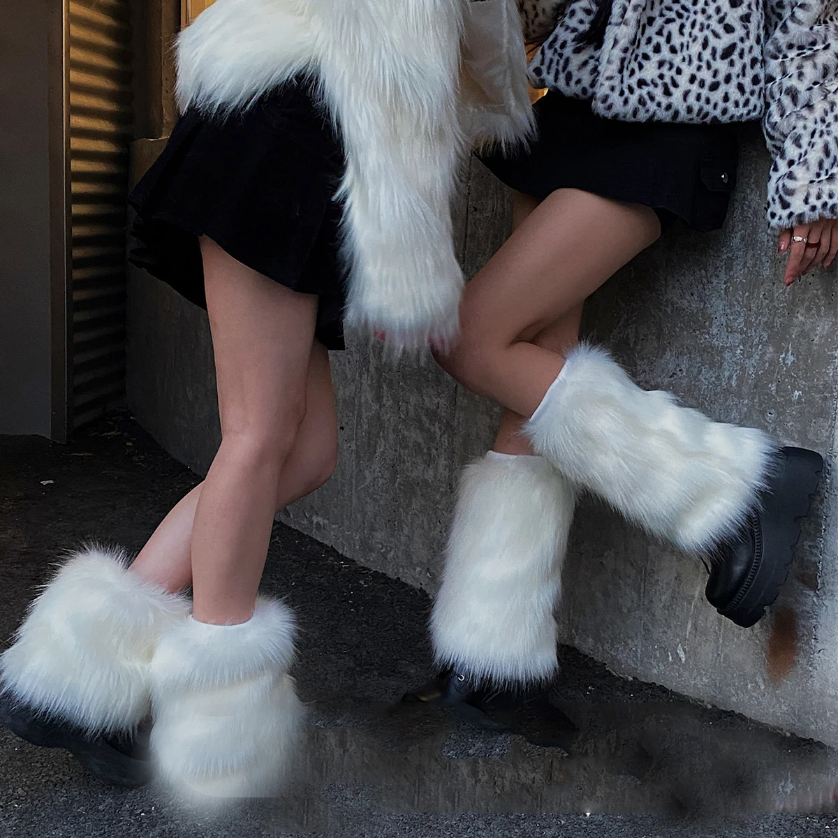White Faux Fur Leg Warmer Sock Leggings Winter Jk Gothic Boots Socks Y2K Hot Girl Harajuku Y2k Lolita Boot Cover Foot Sleeve