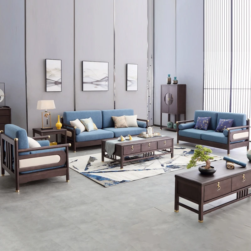 

New Chinese-style all-solid wood sofa combination of modern simple Chinese style light luxury living room Zen cloth sofa