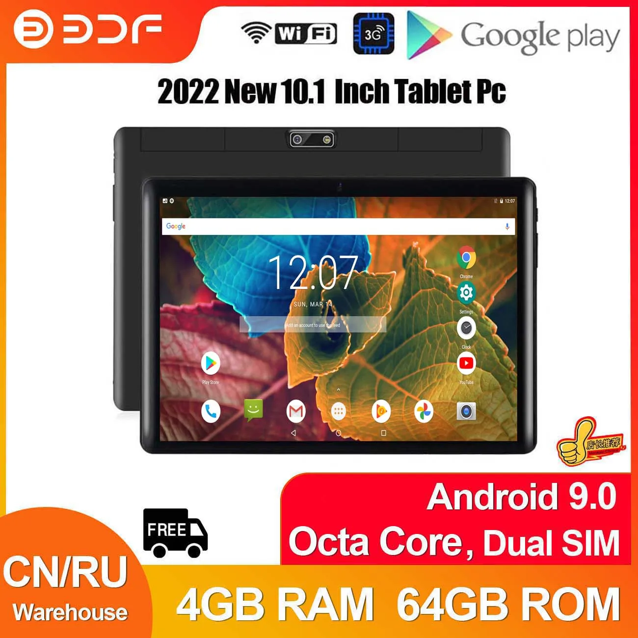 BDF 10.1 Inch Android Tablet Octa Core 4GB RAM 64GB ROM 3G Network Dual SIM Cards Android 9.0 WiFi Bluetooth Tablet Pc