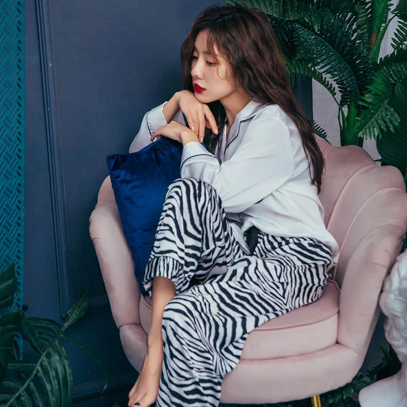 Tulin Fashion Zebra Print Women's Pajamas Women Suits 2 Pieces Satin Sleepwear Female Homewear Long Sleeve Phoentin | Женская одежда