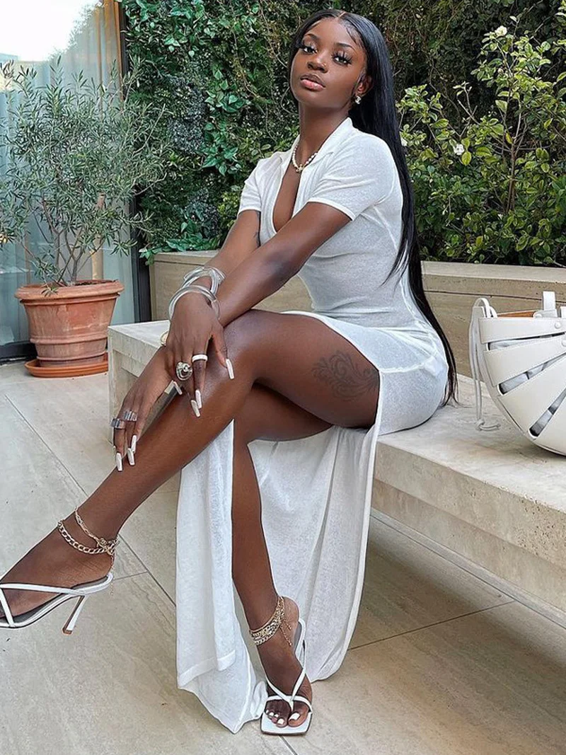 

Платье женское длинное с отложным воротником, повседневное однотонное белое элегантное офисное с высоким разрезом и коротким рукавом, улич...