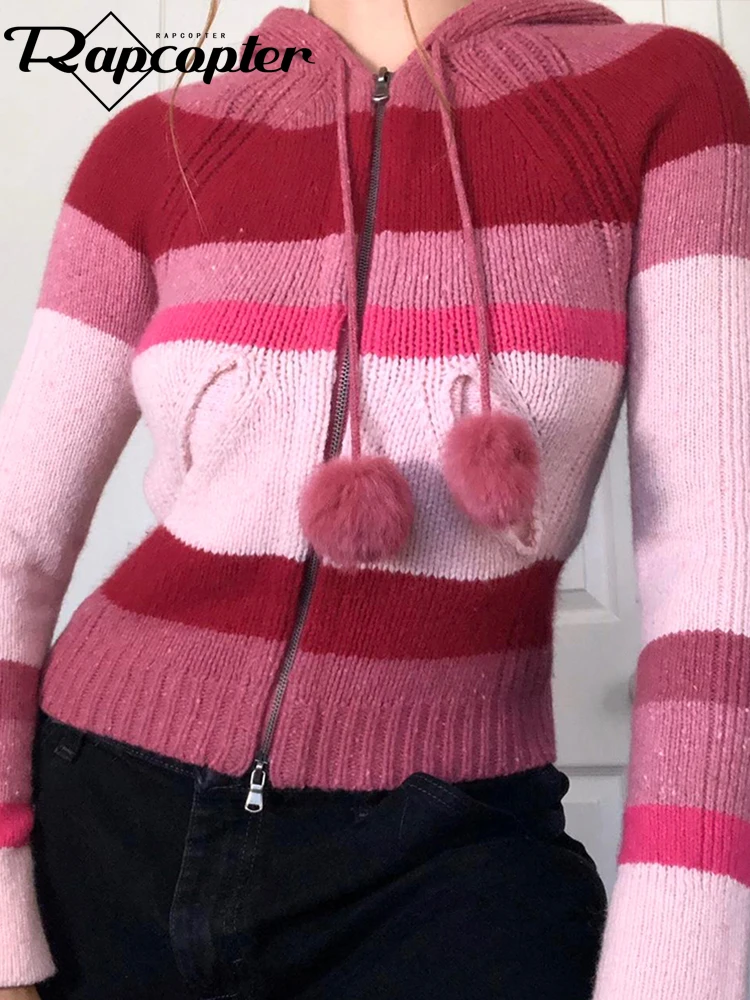 

Rapcopter y2k Striped Knitted Jumpers Zipper Vintage Cute Prepply Jackets Women Hooded Slim Harajuku Korean Outwear Pockets Chic