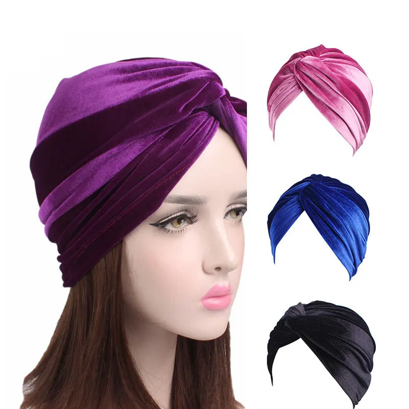 

New Fashion Muslim Stretch Velvet Silk Cross Twist Turban Hat Chemo Cap Women Beanies Caps Headwrap Solid Color Hair Accessories