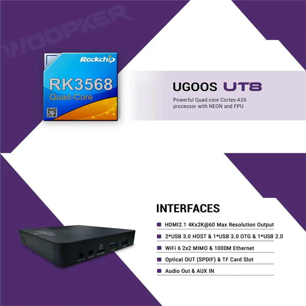 UGOOS UT8 PRO TV BOX Android 11.0 RK3568 DDR4 8GB RAM 64GB ROM 4K Media Player BT5.0 WiFi6 1000M Google Voice Remote Set Top Box