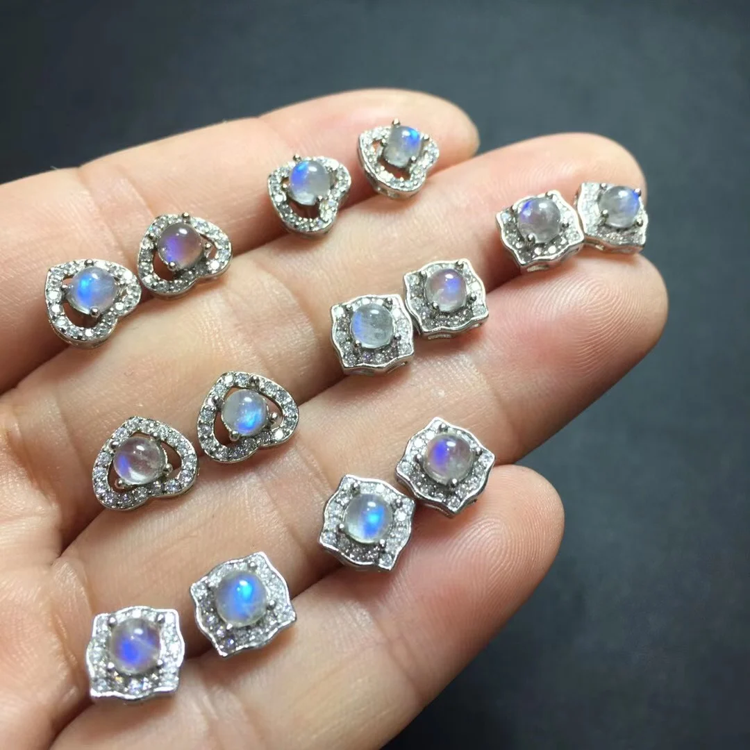 

1 Pair Fengbaowu Natural Rainbow Blue Moonstone Earring 925 Sterling Silver Energy Crystal Healing Stone Fashion Jewelry Gift