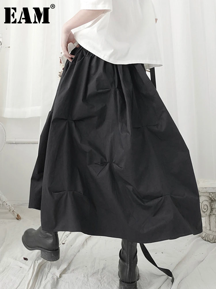 

[EAM] High Elastic Waist Black Pleated Brief Temperament Half-body Skirt Women Fashion Tide New Spring Autumn 2022 1T123