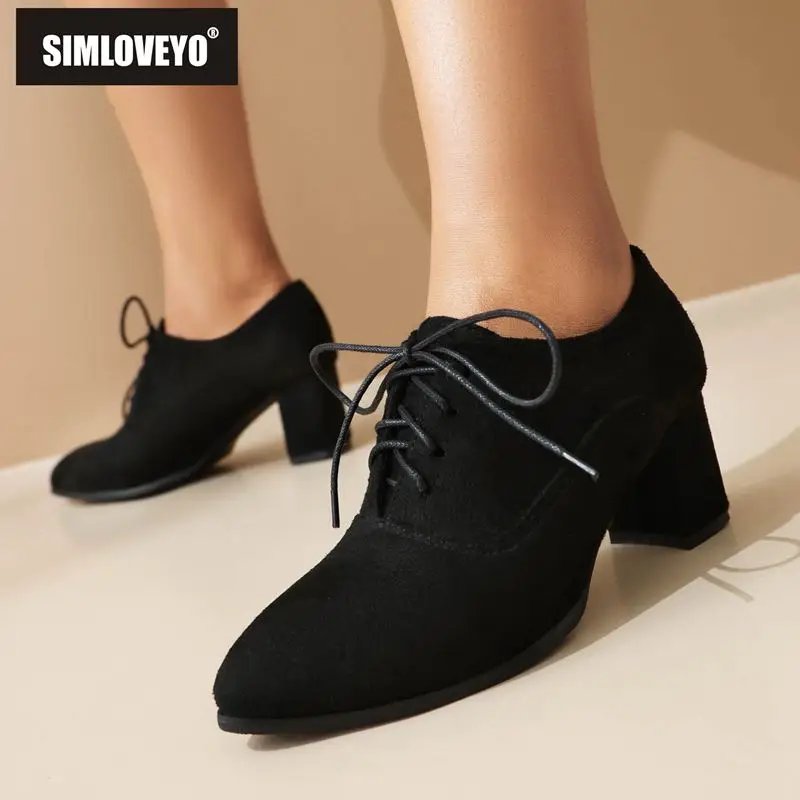 SIMLOVEYO/женские туфли-лодочки с острым носком на блочном каблуке 6 см со шнуровкой 47