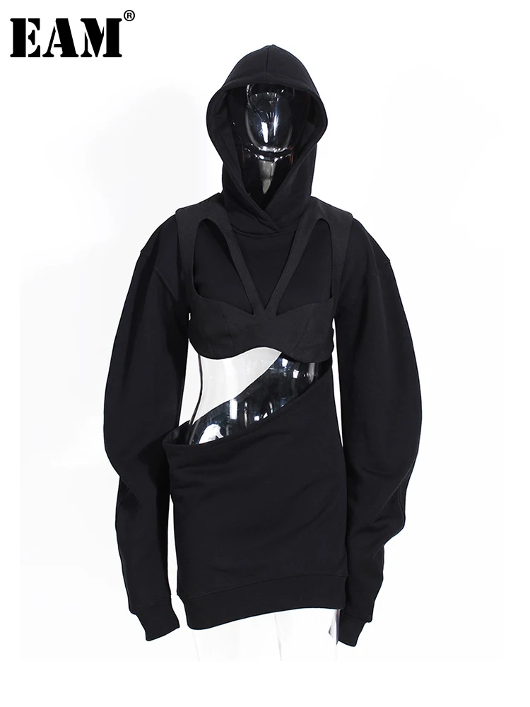 

[EAM] Women Black Hollow Out Irregular Big Size Dress New Hooded Long Sleeve Loose Fit Fashion Tide Spring Autumn 2022 1DE6626