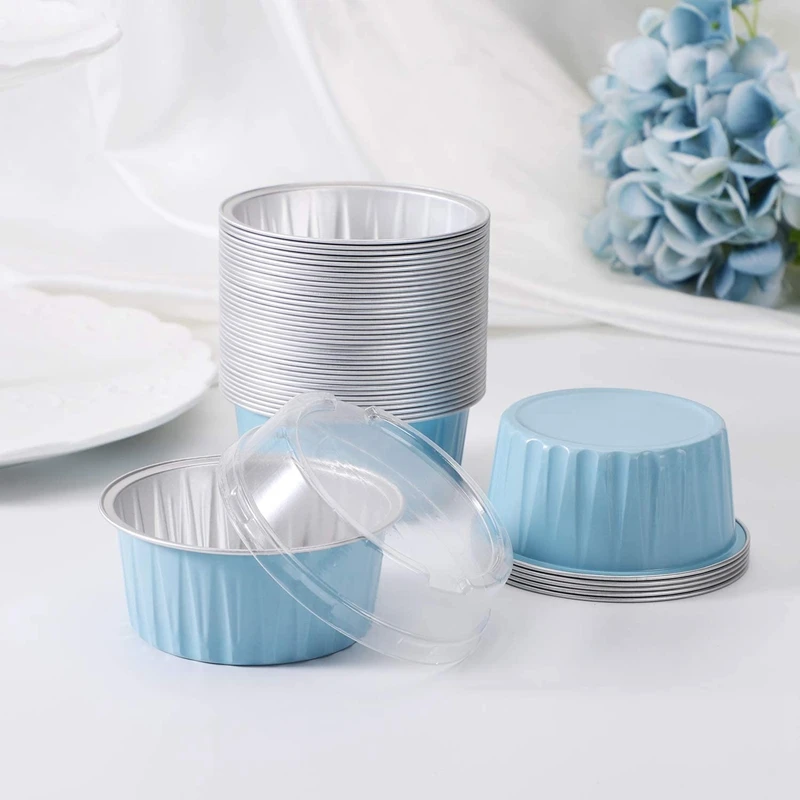 Promotion! 200Pcs 5Oz 125Ml Disposable Cake Baking Cups Muffin Liners With Lids Aluminum Foil Cupcake Cups-Blue |