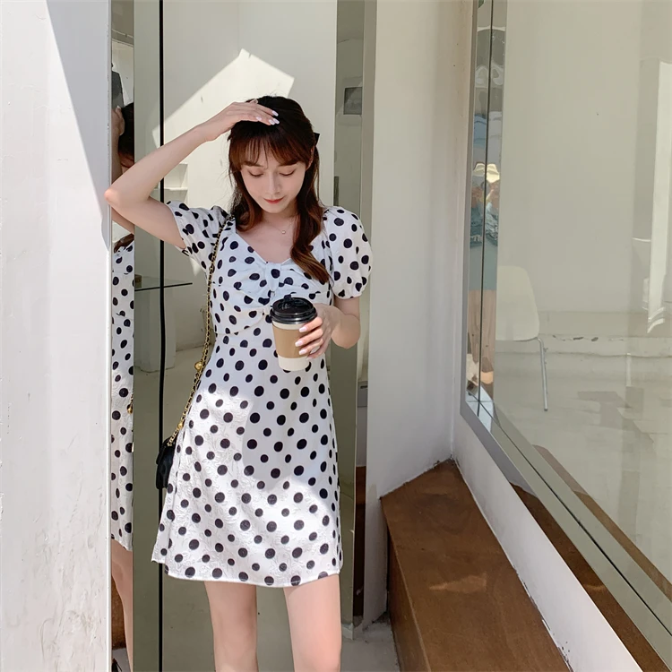 

Dress Women Summer 2022 New French Style Cute Vintage Polka Dot Puff Sleeve Brief Paragraph Long Dresses Dropshipping
