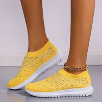 shiny crystal knitted sneakers for women plus size light slip on flats shoes woman casual soft bottom sock shoes ladies