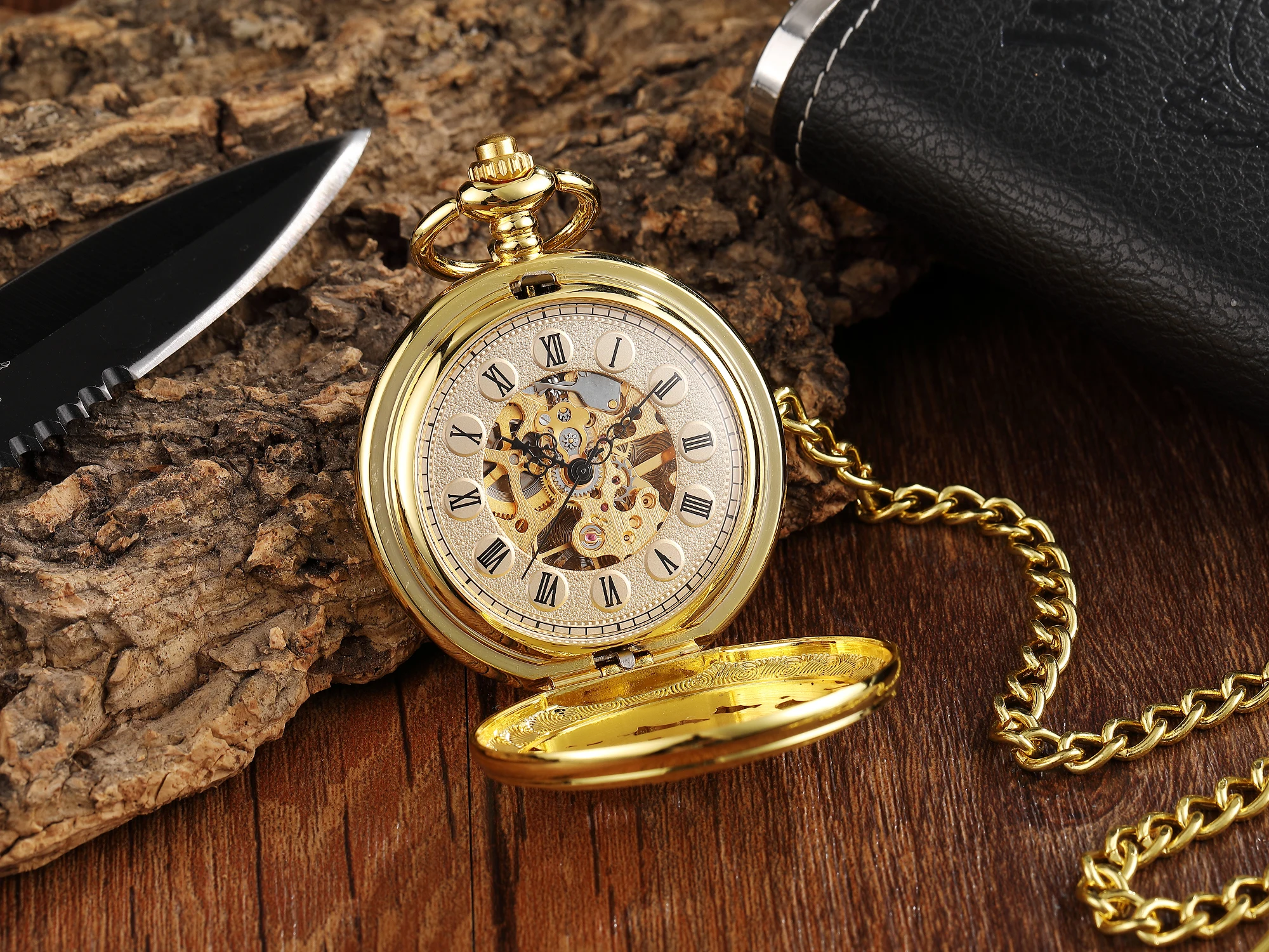 Gold Antique Steampunk Vintage Roman Numerals Automatic Mechanical Pocket Watch Necklace Unisex Retro Clock Chain Reloj Hombre