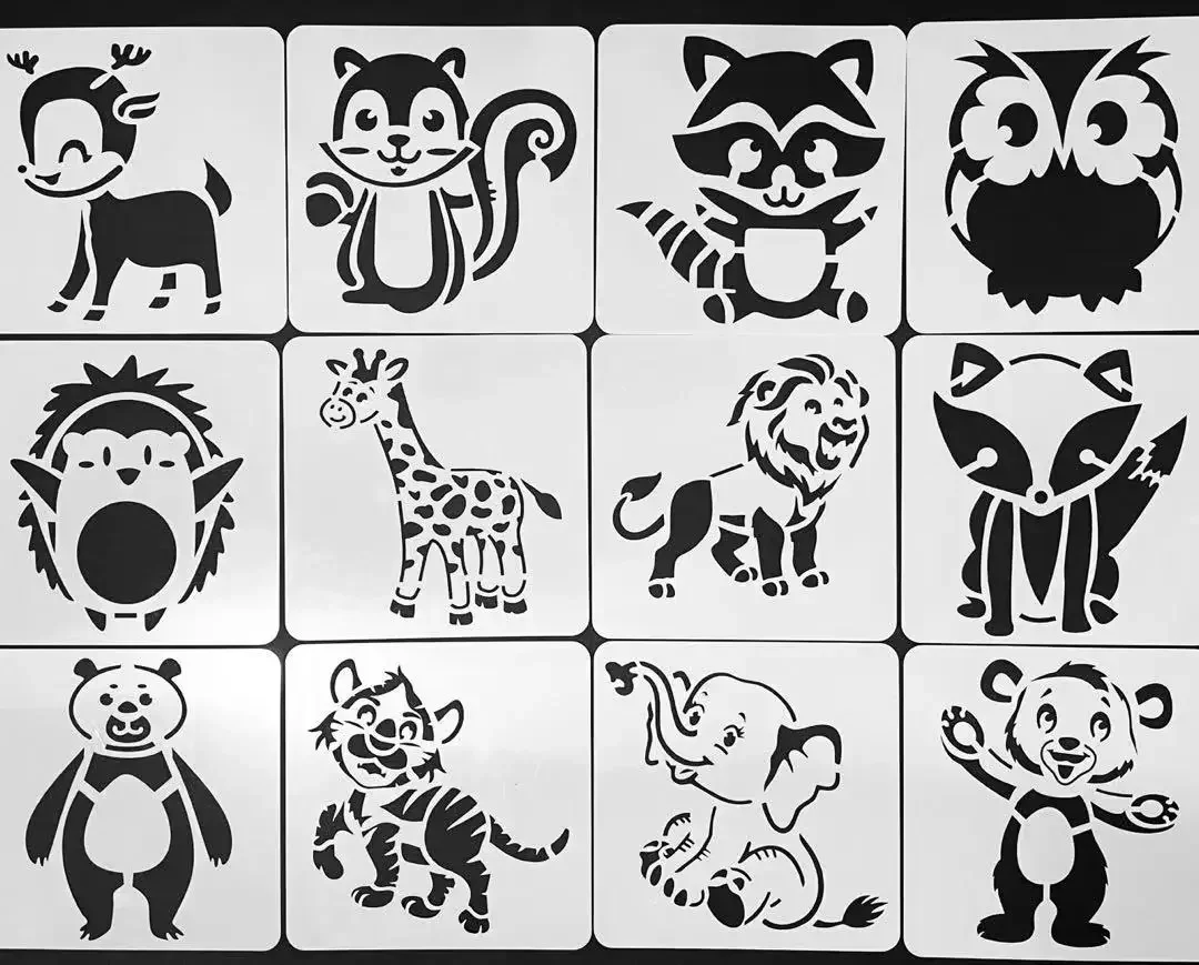 

12 шт./компл., шаблон для рисования для детей, студентов, мультяшные животные, белка, лев, трафареты, шаблон для рисования для декора альбома для скрапбукинга