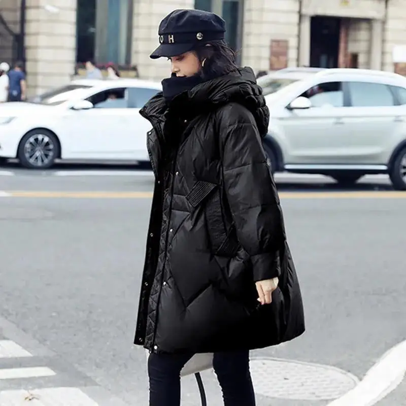 Women's Hooded Down Jacket New White Duck Down Mid-length Stand-up Collar Winter Thick Coat Commuter Jacket Women KJ478
