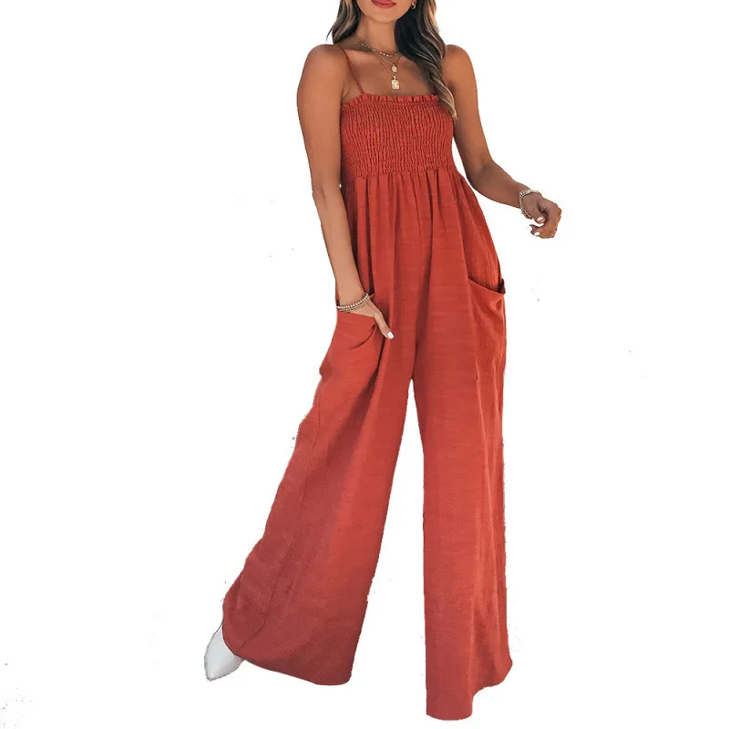 

European style women high-Waist jumpsuit solid color suspenders casual temperament pants