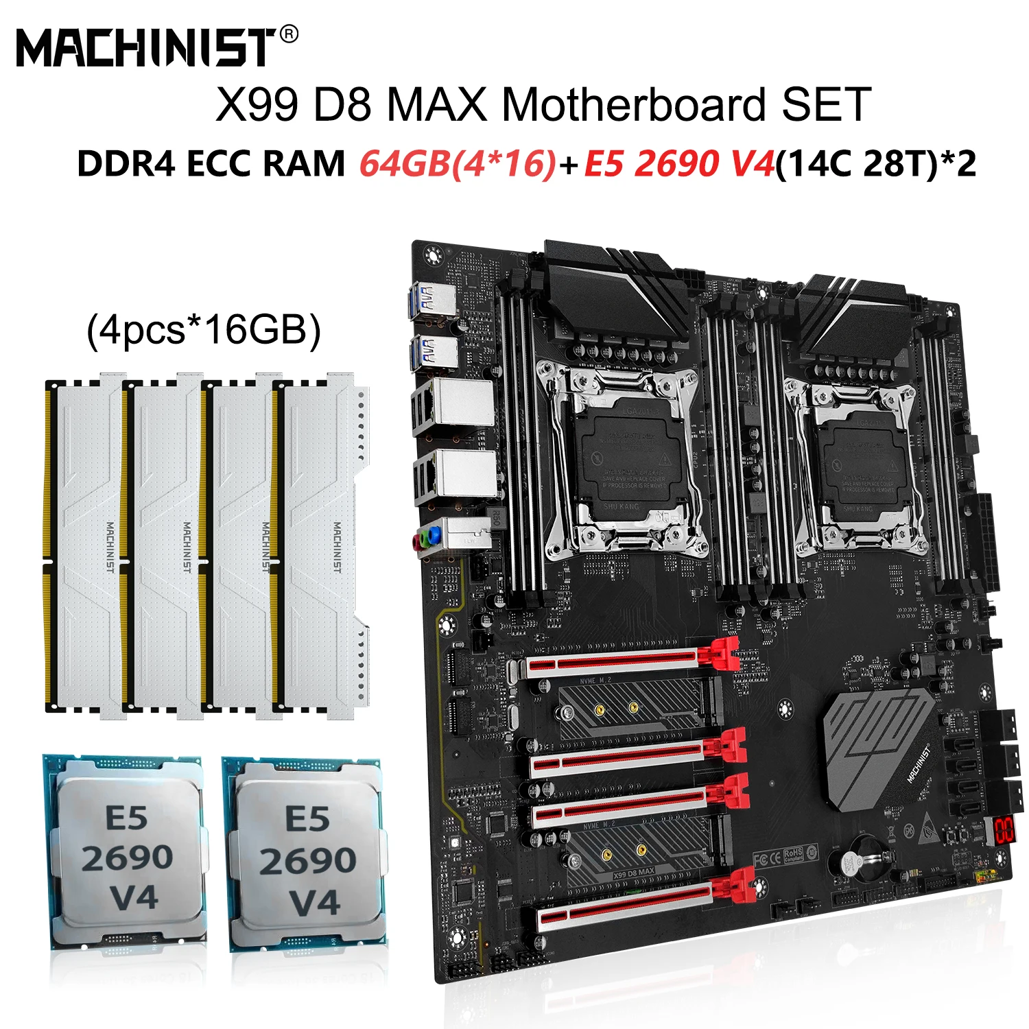 

MACHINIST X99 Motherboard Set Intel LGA 2011-3 kit Xeon E5 2690 v4 Dual CPU Processor 4pcs*16=64GB DDR4 ECC RAM NVME M.2 D8 MAX